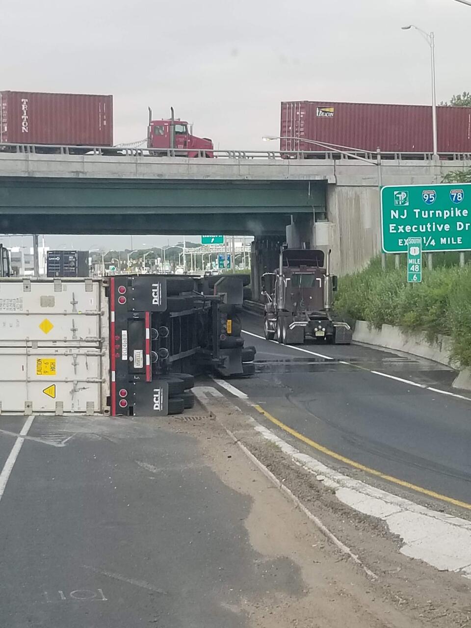 Truck Overturns On Route 1&9 In Newark